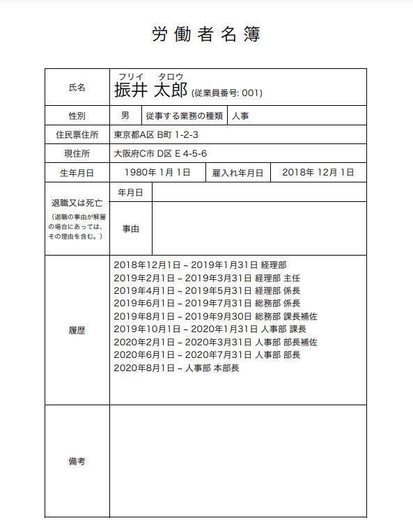 freee人事労務から出力した労働者名簿のPDF。退職又は死亡の事由欄と備考欄が空欄になっている