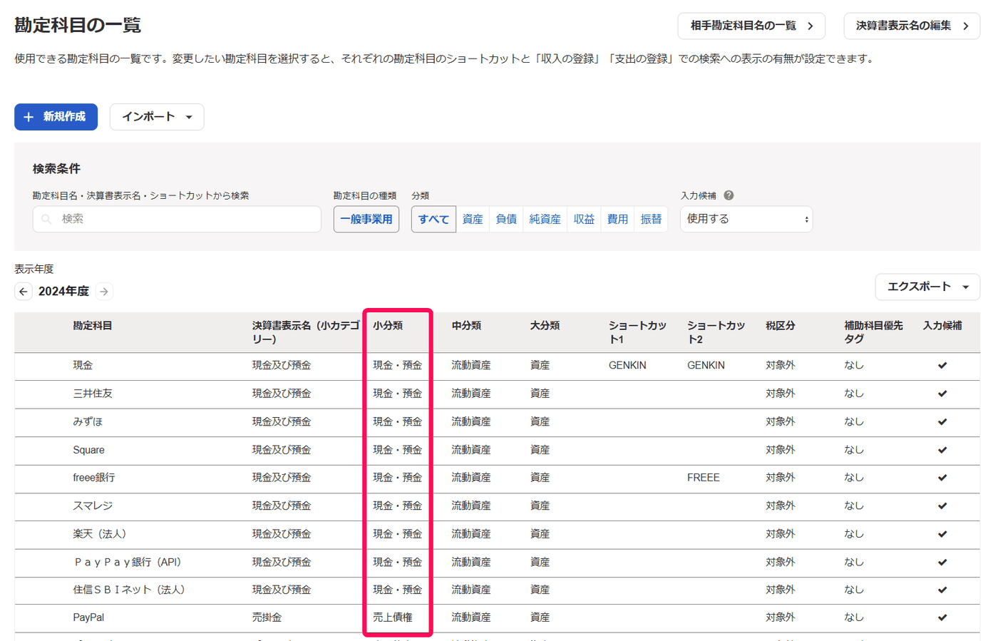 勘定科目の一覧で小分類の列が囲まれ、PayPalだけが売上債権になっている画面