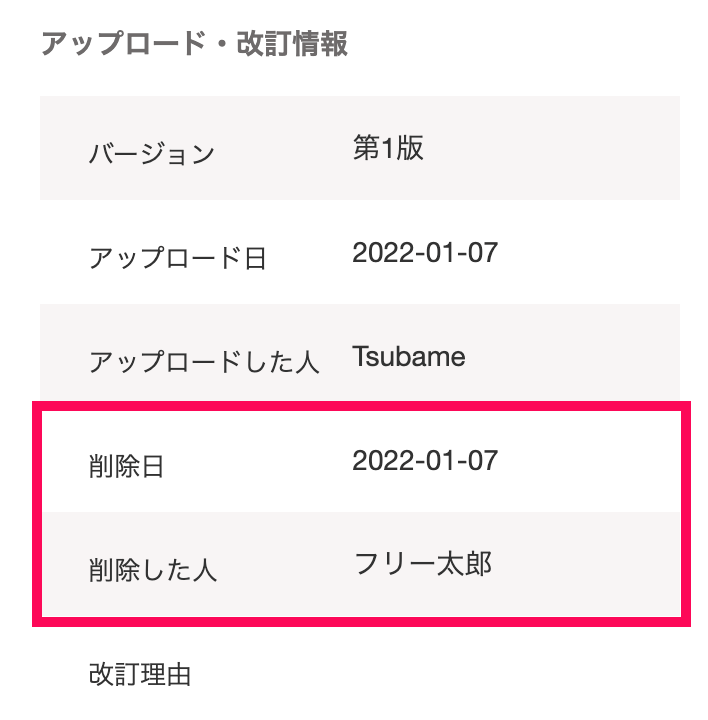 削除したファイルの詳細でアップロード・改訂情報に削除日と削除した人が表示された画面