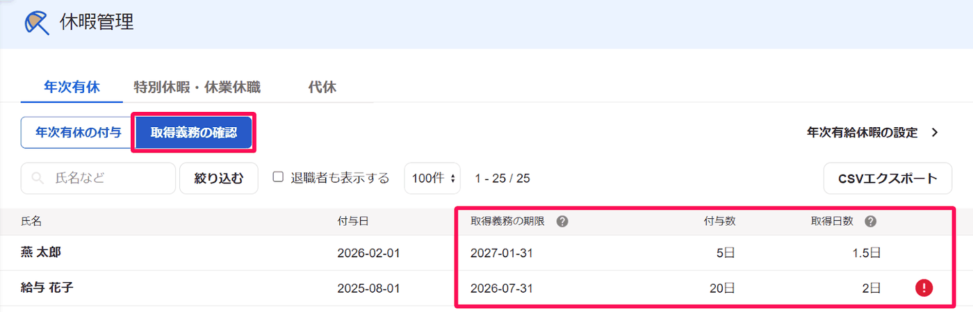 取得義務の確認画面で取得義務の期限と付与数と取得日数とアラートを示した画面