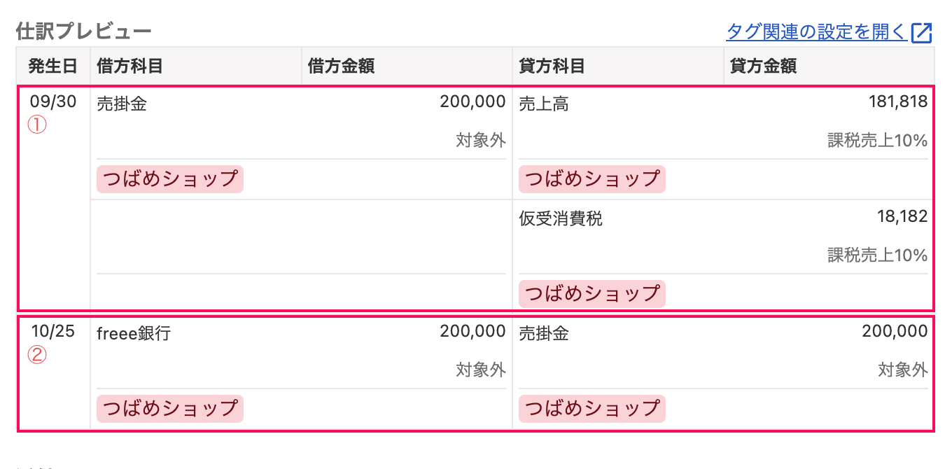 仕訳プレビューに9月30日の売上計上と10月25日の入金の仕訳が2段で表示された画面