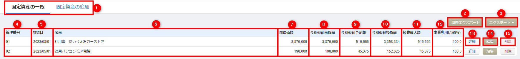固定資産の一覧画面