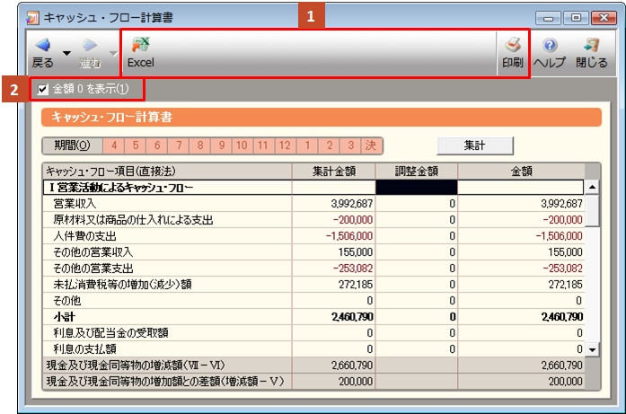 キャッシュ・フロー計算書の画面