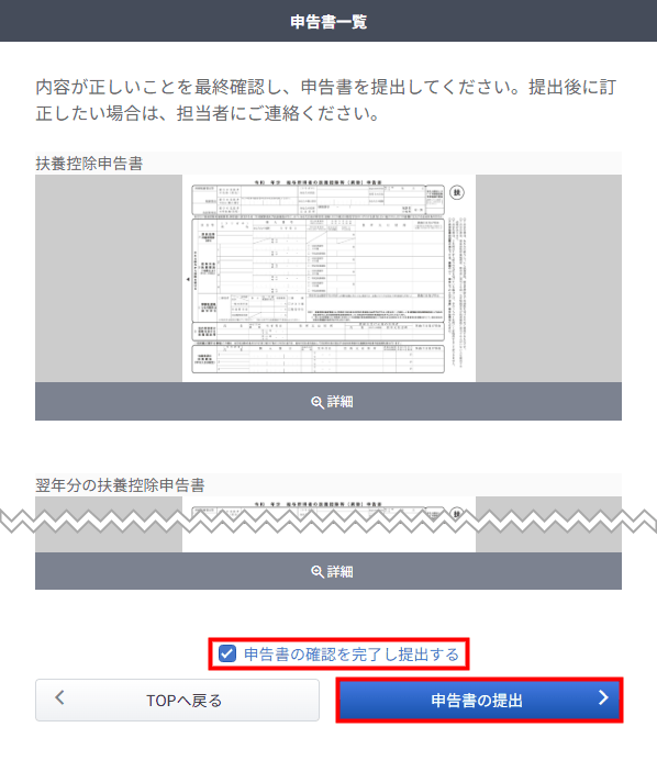 「申告書の確認を完了し提出する」にチェックを入れて提出する画面