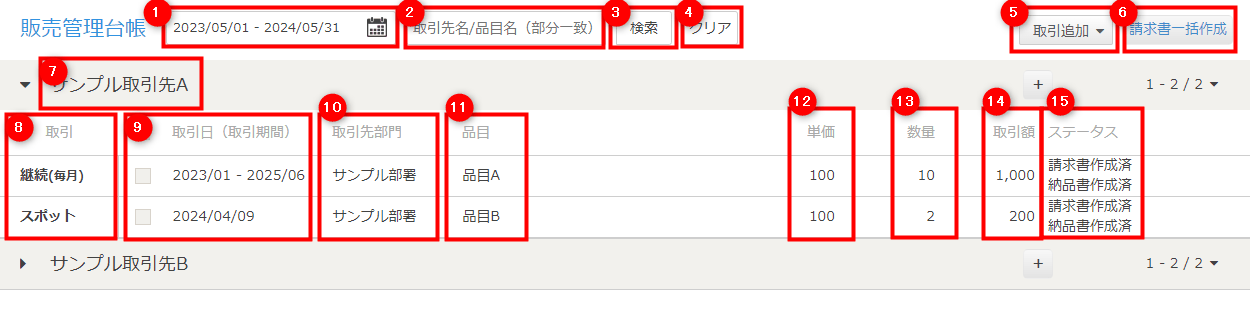 クラウド請求書の「販売管理台帳」画面全体の一覧表示