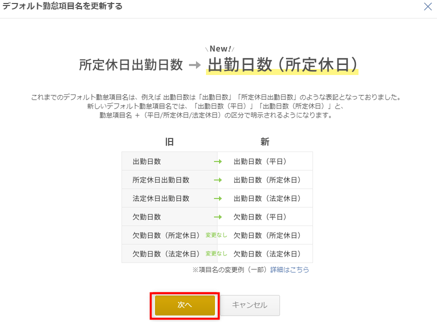 「デフォルト勤怠項目名を更新する」を実行する前の確認画面