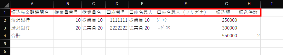 「支払先一覧」CSVファイルの内容を開いた画面