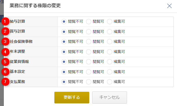 「業務に関する権限」の設定を変更する画面