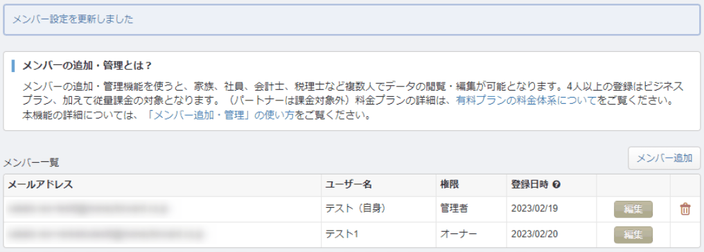メンバー一覧で対象メンバーの権限が「オーナー」に変わったことを確認する画面