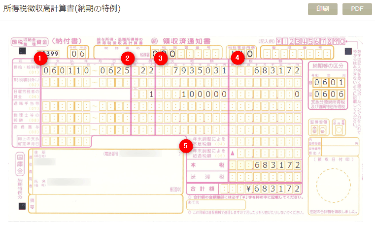 「所得税徴収高計算書(納特)」に年調過不足税額が反映された画面の例