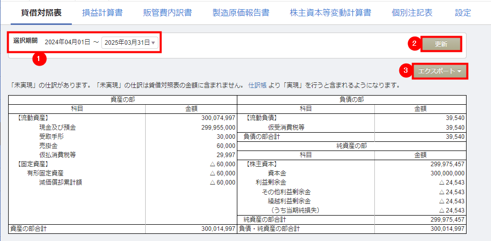 貸借対照表や損益計算書の内容を確認して出力する画面