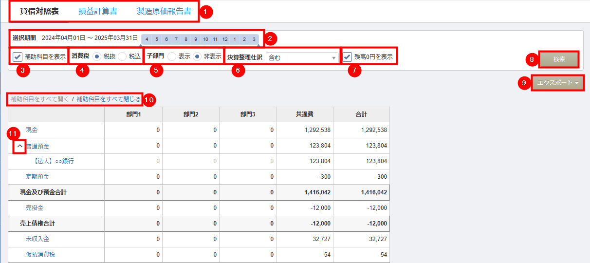「部門別集計表」画面で部門ごとの金額が並ぶ画面
