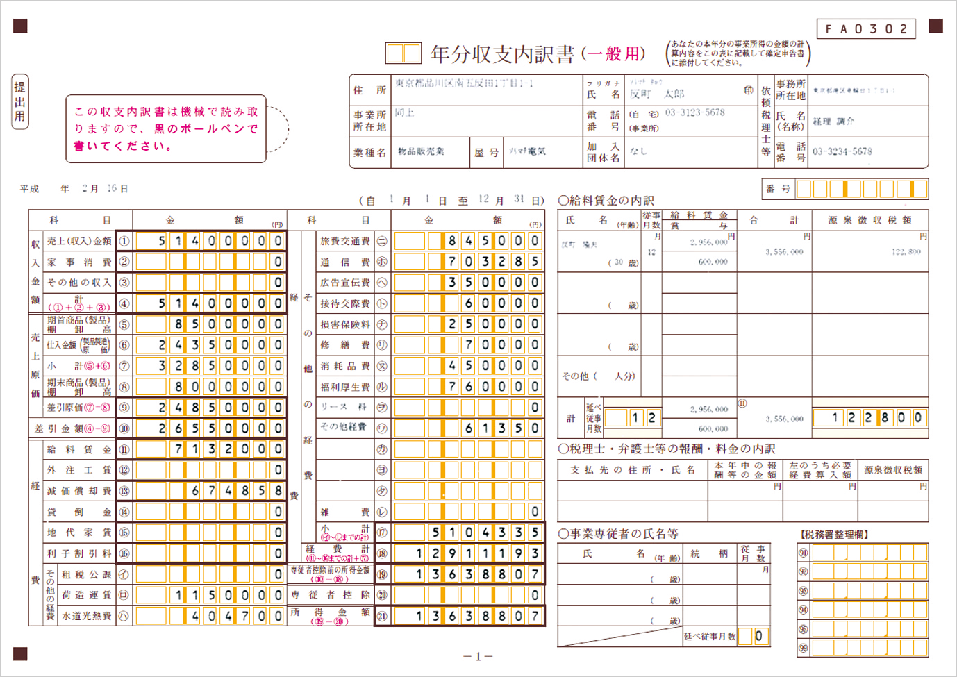 白色申告の「収支内訳書（一般用）」の帳票。売上や経費の内訳が項目ごとに印字されている