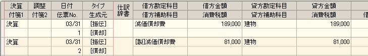 帳簿に表示された減価償却費の仕訳で、生成元が「償却」と表示されている例