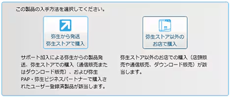 ライセンス認証の手順ページで、製品の入手方法(弥生から発送・弥生ストアで購入、または弥生ストア以外のお店で購入)を選ぶ画面