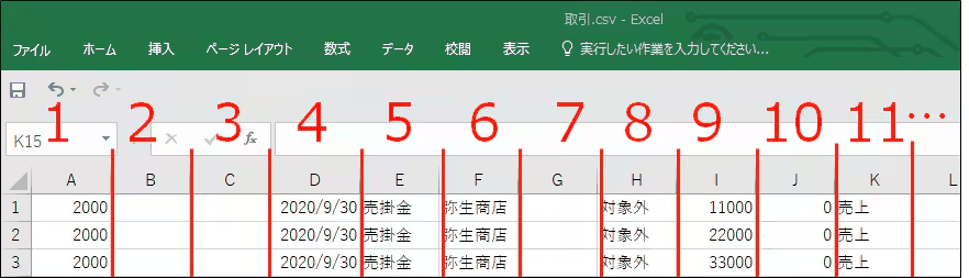 仕訳データの項目と記述形式ページで、インポート用データの各項目を示す参照画像