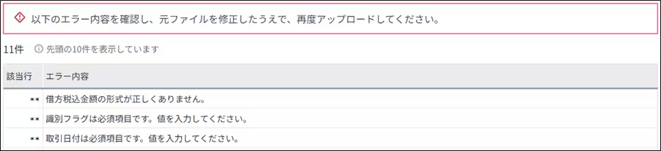 インポート時に記述形式のエラーが表示された画面