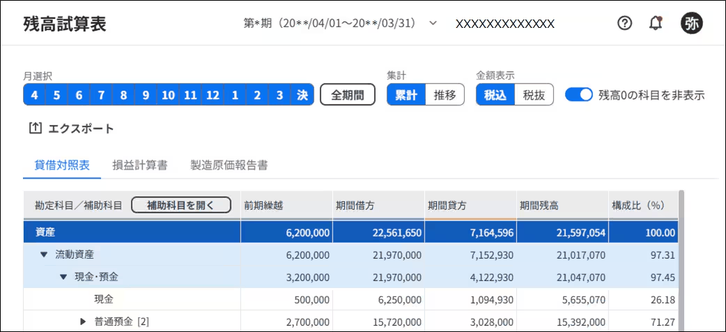 残高試算表で期間や集計方法を指定し科目ごとの残高が並ぶ画面