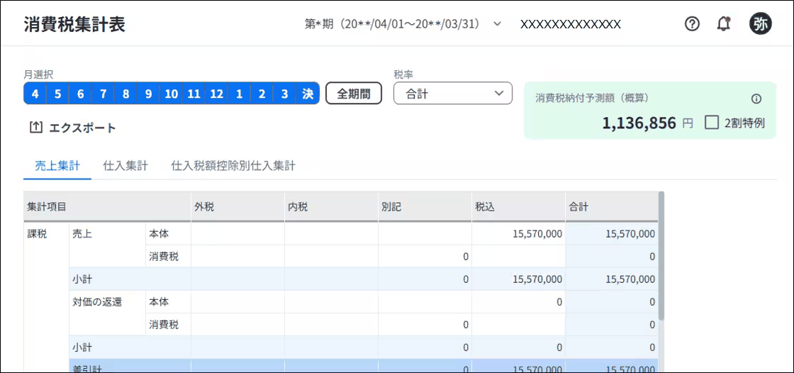 消費税集計表で税率別課税区分別の月次の金額が並ぶ画面