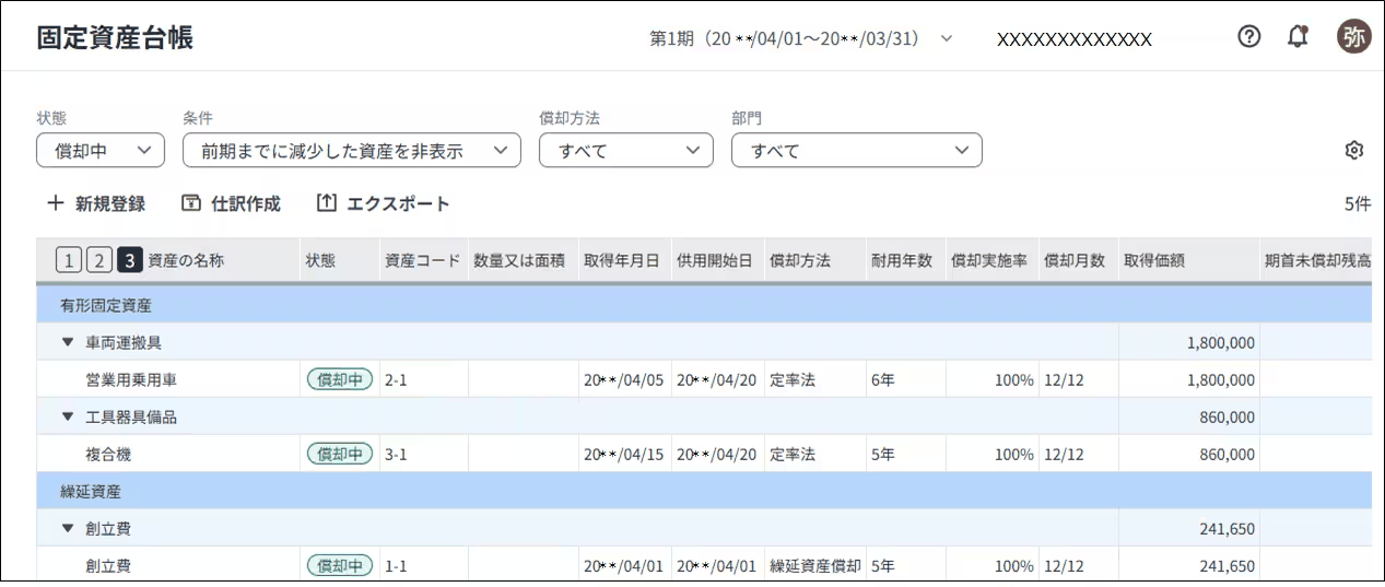 固定資産台帳の一覧画面（初期表示は償却中の資産）