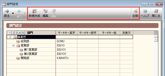 弥生会計の部門設定画面。部門の新規作成・編集・削除・印刷の各ボタンが並んでいる