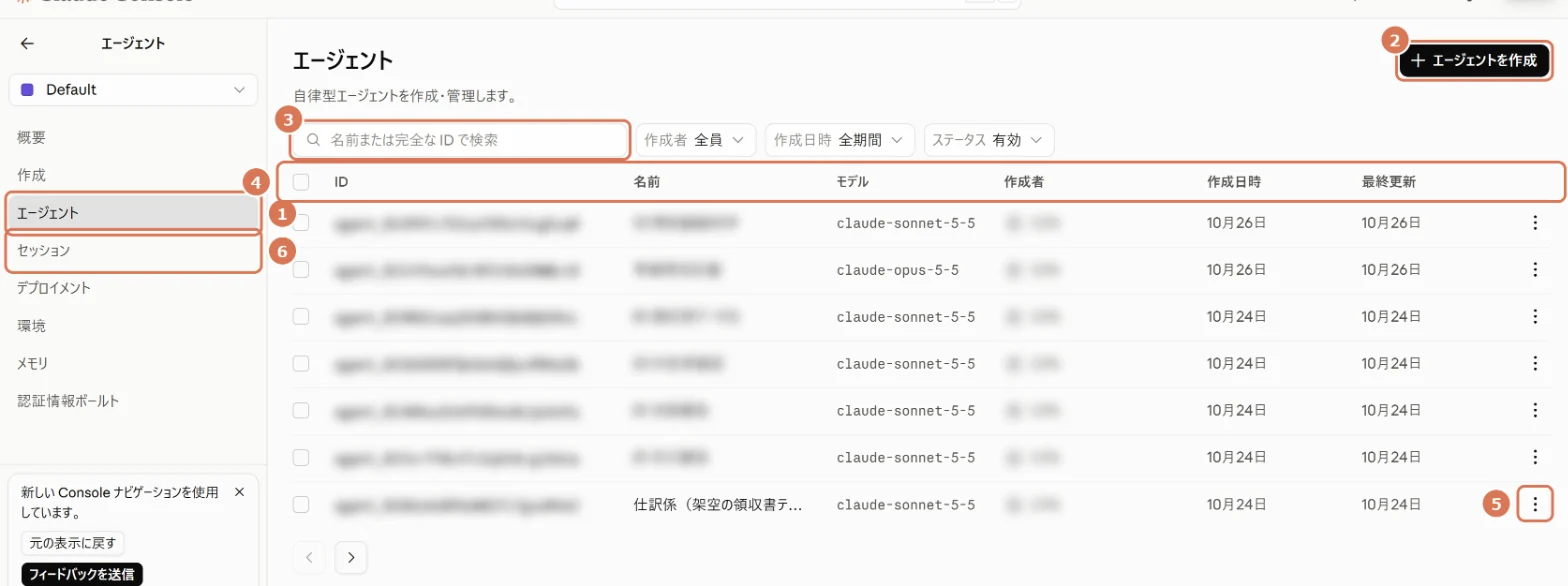 Claude Consoleのエージェント一覧。エージェントを作成ボタン、検索、一覧の列、行のメニューに番号を付けた画面写真