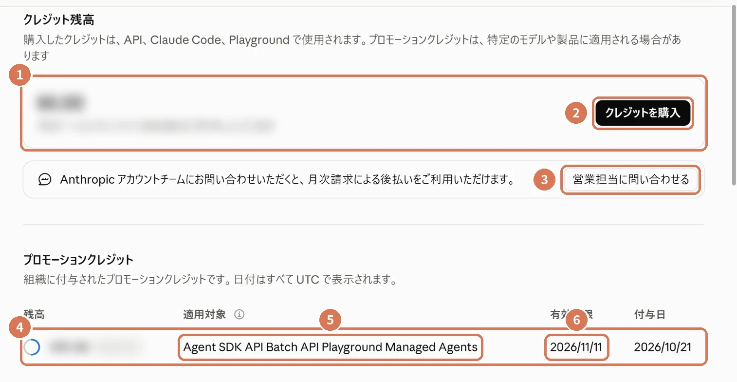 Claude Consoleの請求画面。クレジット残高、クレジットを購入、後払いの問い合わせ、プロモーションクレジットの適用対象と有効期限に番号を付けた画面写真