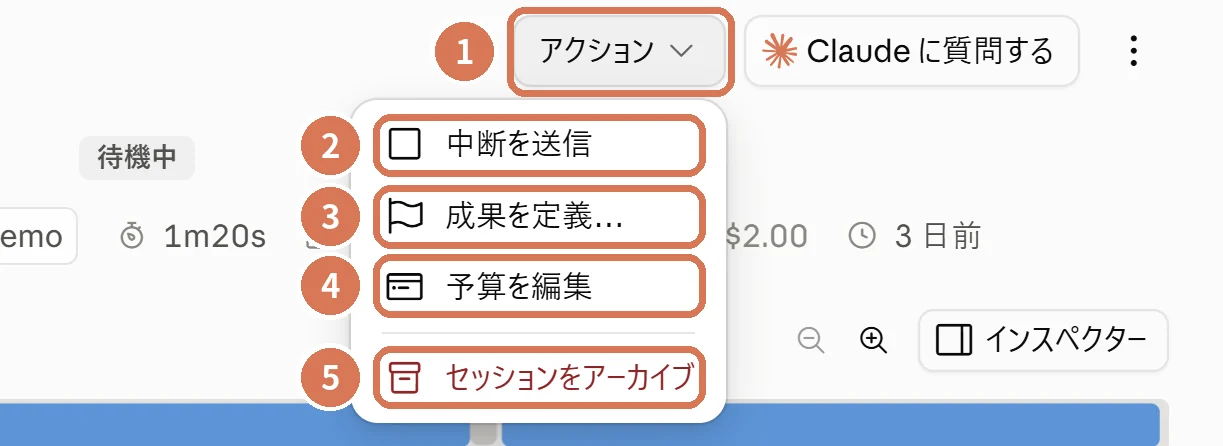 セッションのアクションメニュー(中断を送信・成果を定義・予算を編集・セッションをアーカイブ)に番号を付けた画面写真