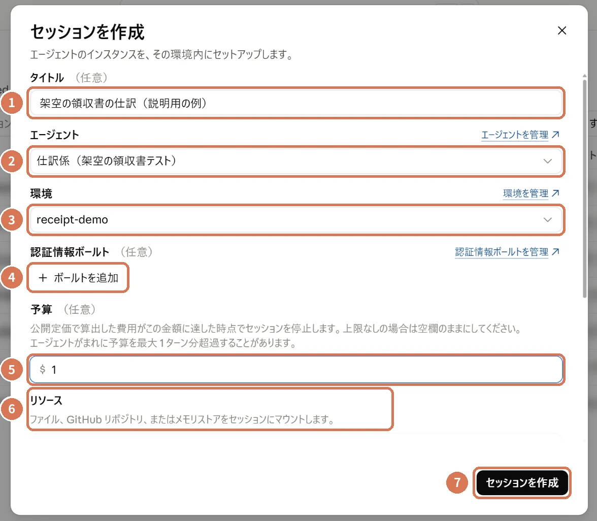 セッションを作成する画面。タイトル、エージェント、環境、認証情報ボールト、予算、リソース、作成ボタンに番号を付けた画面写真