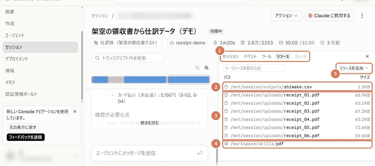 セッションのインスペクターのリソース。作ったファイル、渡したファイル、スキル、リソースを追加に番号を付けた画面写真