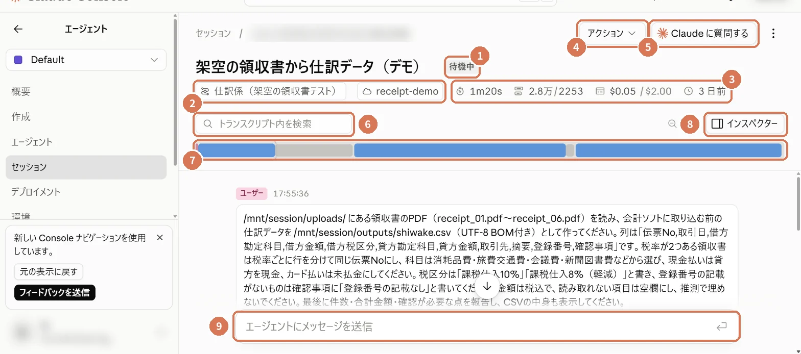 セッションの画面。状態、エージェントと環境、時間・トークン・費用、アクション、Claudeに質問する、検索、タイムライン、インスペクター、メッセージ入力欄に番号を付けた画面写真