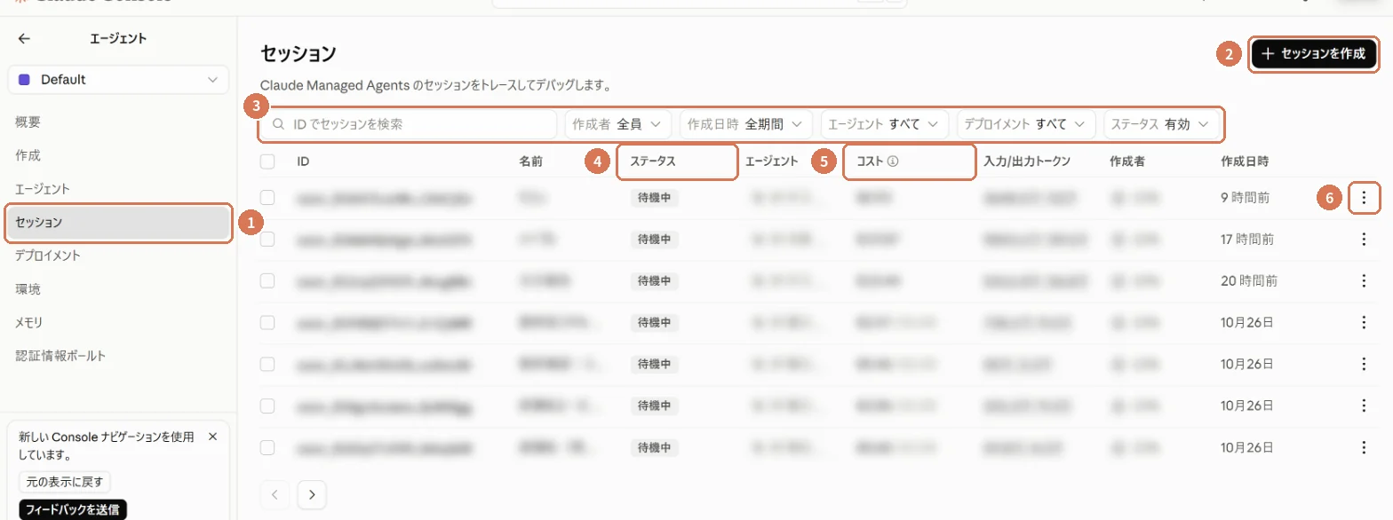 Claude Consoleのセッション一覧。セッションを作成ボタン、絞り込み、ステータス、コスト、行のメニューに番号を付けた画面写真