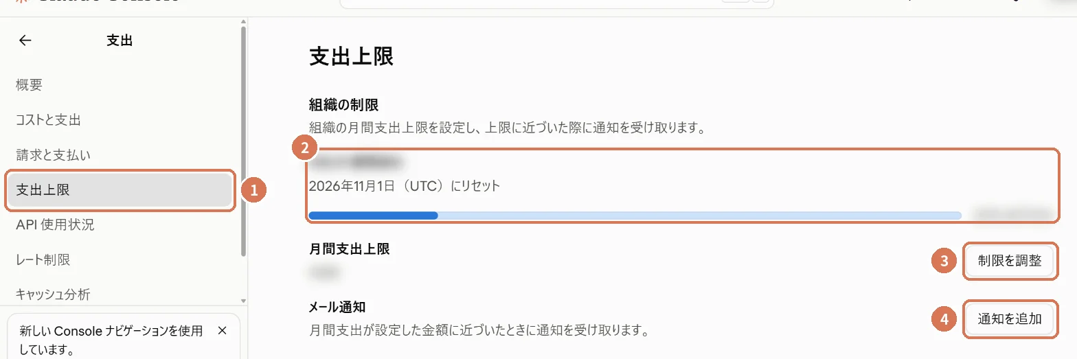 Claude Consoleの支出上限の画面。使用額とリセット日、制限を調整、通知を追加に番号を付けた画面写真