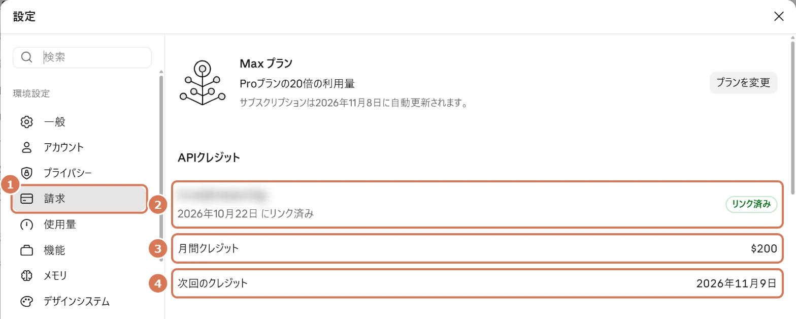 Claudeの設定の請求画面にある月額APIクレジットの欄に番号を付けた写真