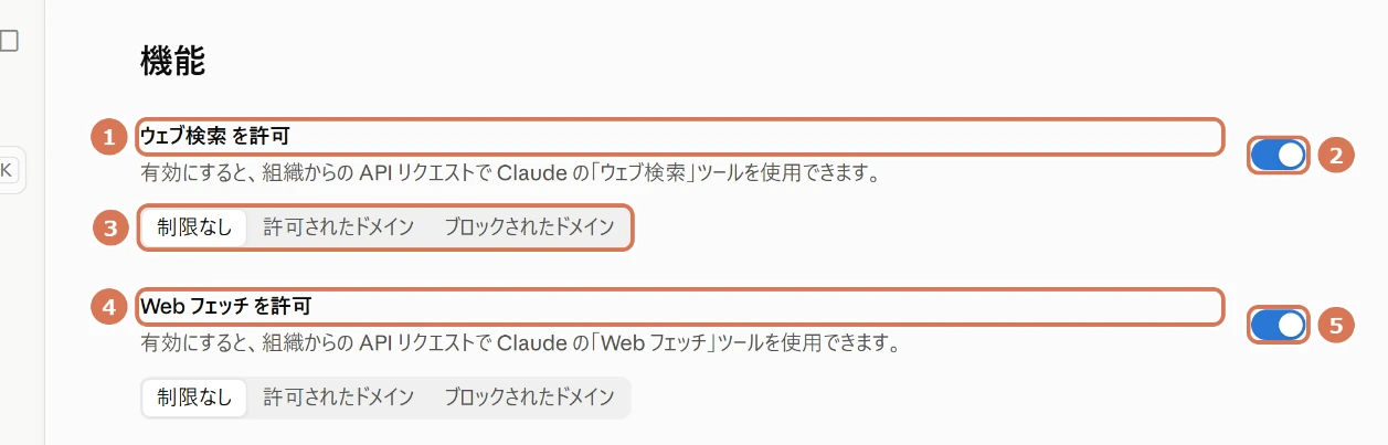 Claude Consoleの機能の設定画面の写真