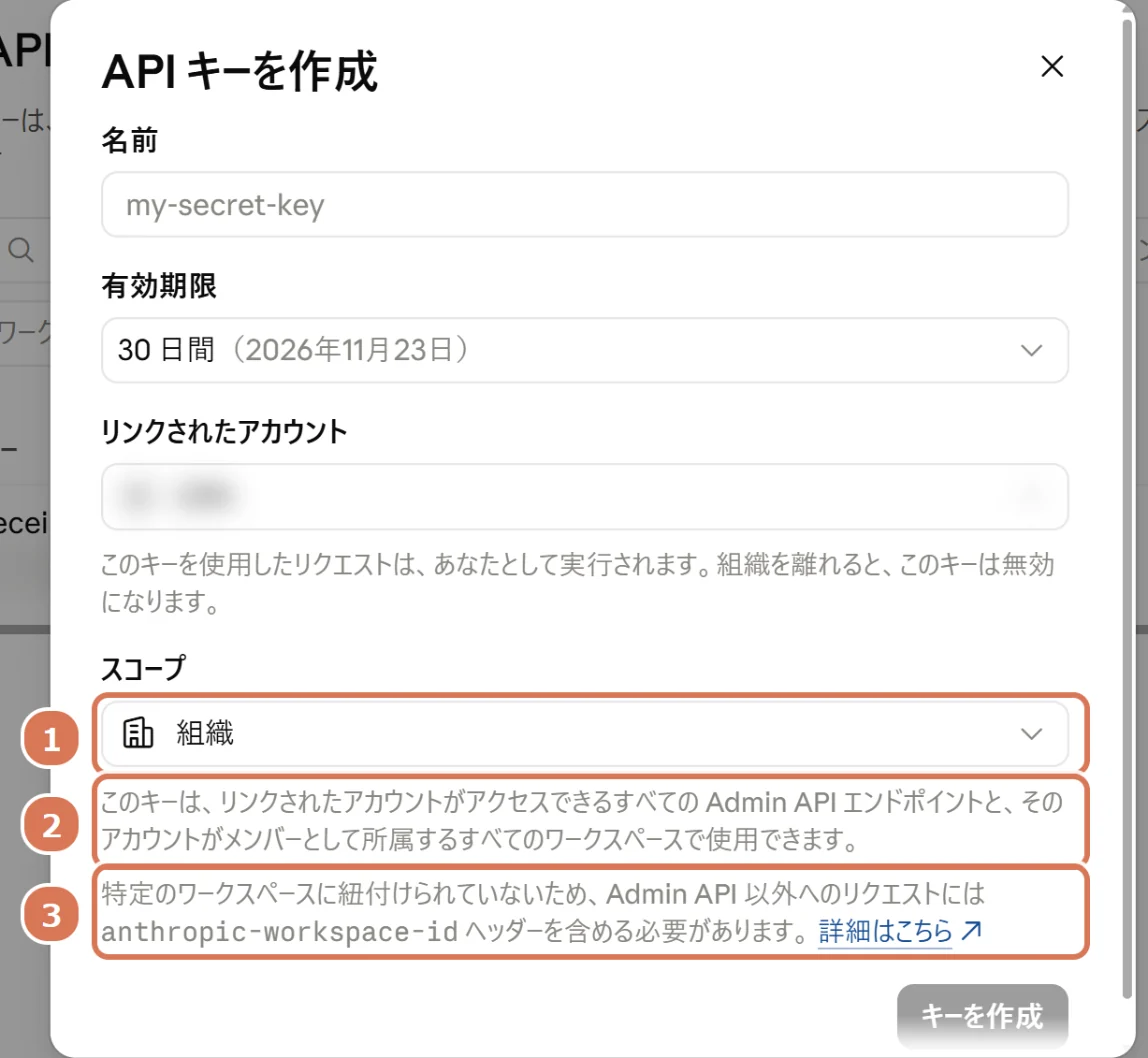 Claude ConsoleのAPIキーを作成する画面で、スコープに「組織」を選んだときの説明(Admin APIとすべてのワークスペースで使え、anthropic-workspace-idヘッダーが必要)