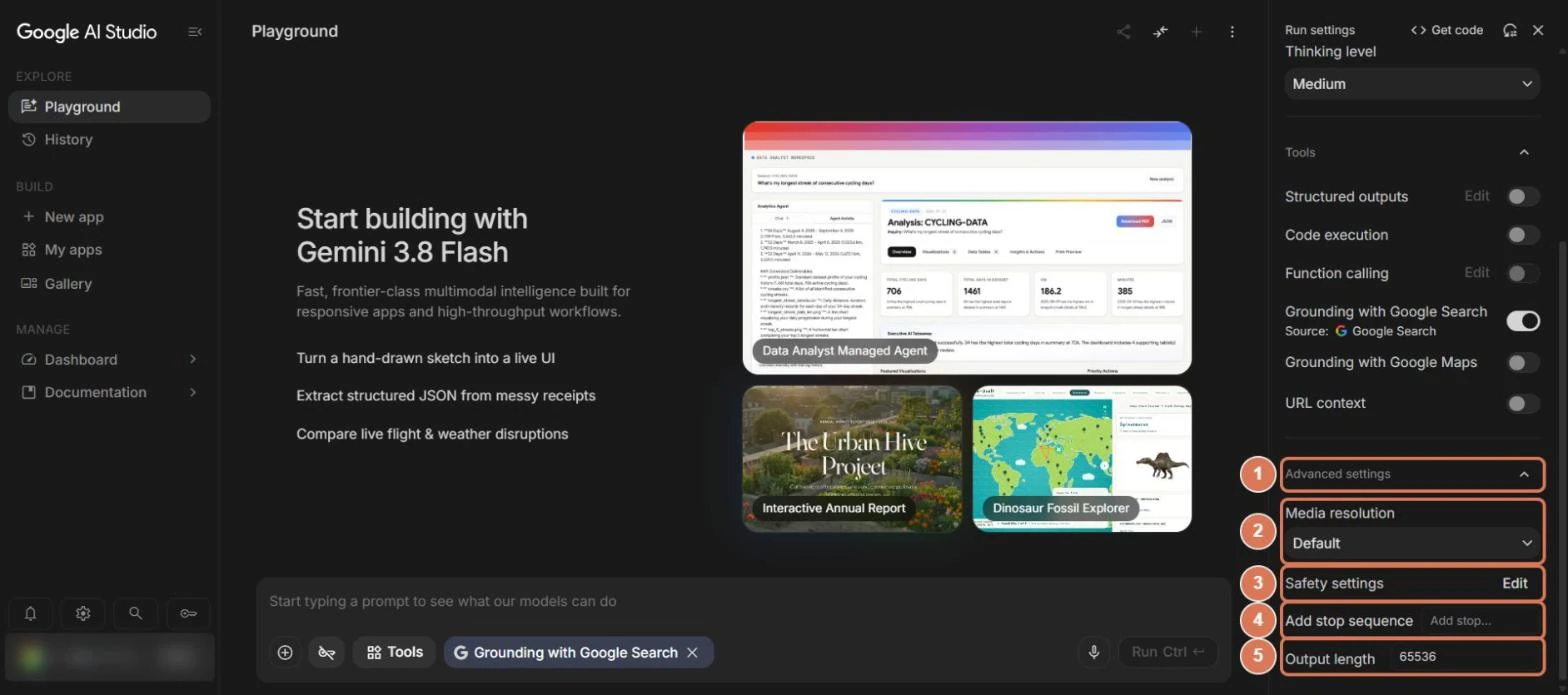 Google AI StudioのRun settingsの下半分。Advanced settings、Media resolution、Safety settings、Add stop sequence、Output lengthに番号を付けた写真