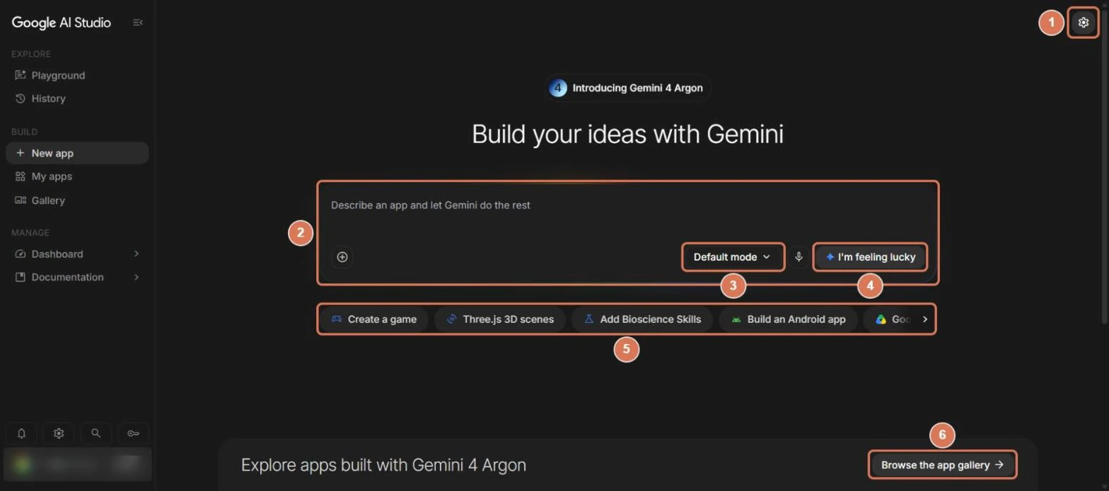 Google AI StudioのNew app(Build)画面。説明欄、Default mode、I'm feeling lucky、例のチップなどに番号を付けた写真