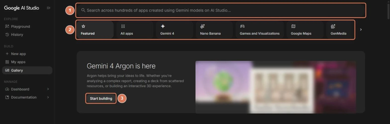 Google AI StudioのGallery画面。検索欄、カテゴリ、Start buildingのボタンに番号を付けた写真