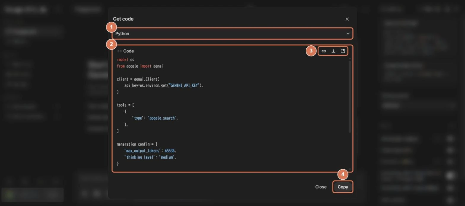 Google AI StudioのGet codeの画面。言語の選択、書き出されたPythonのコード、右上の3つのアイコン、Copyボタンに番号を付けた写真