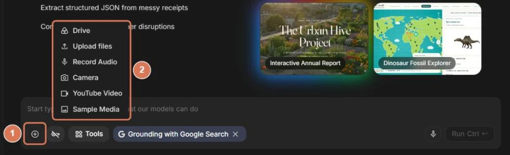 Google AI Studioの入力欄の+ボタンを押したメニュー。Drive、Upload files、Record Audio、Camera、YouTube Video、Sample Mediaに番号を付けた写真