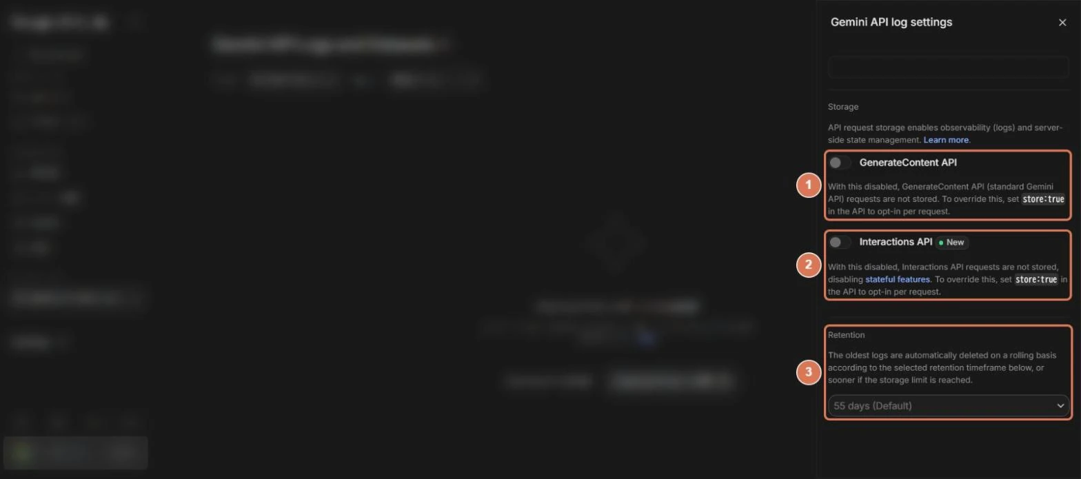 Google AI StudioのGemini API log settingsのパネル。GenerateContent APIとInteractions APIの保存のスイッチ、Retention(保持期間)に番号を付けた写真