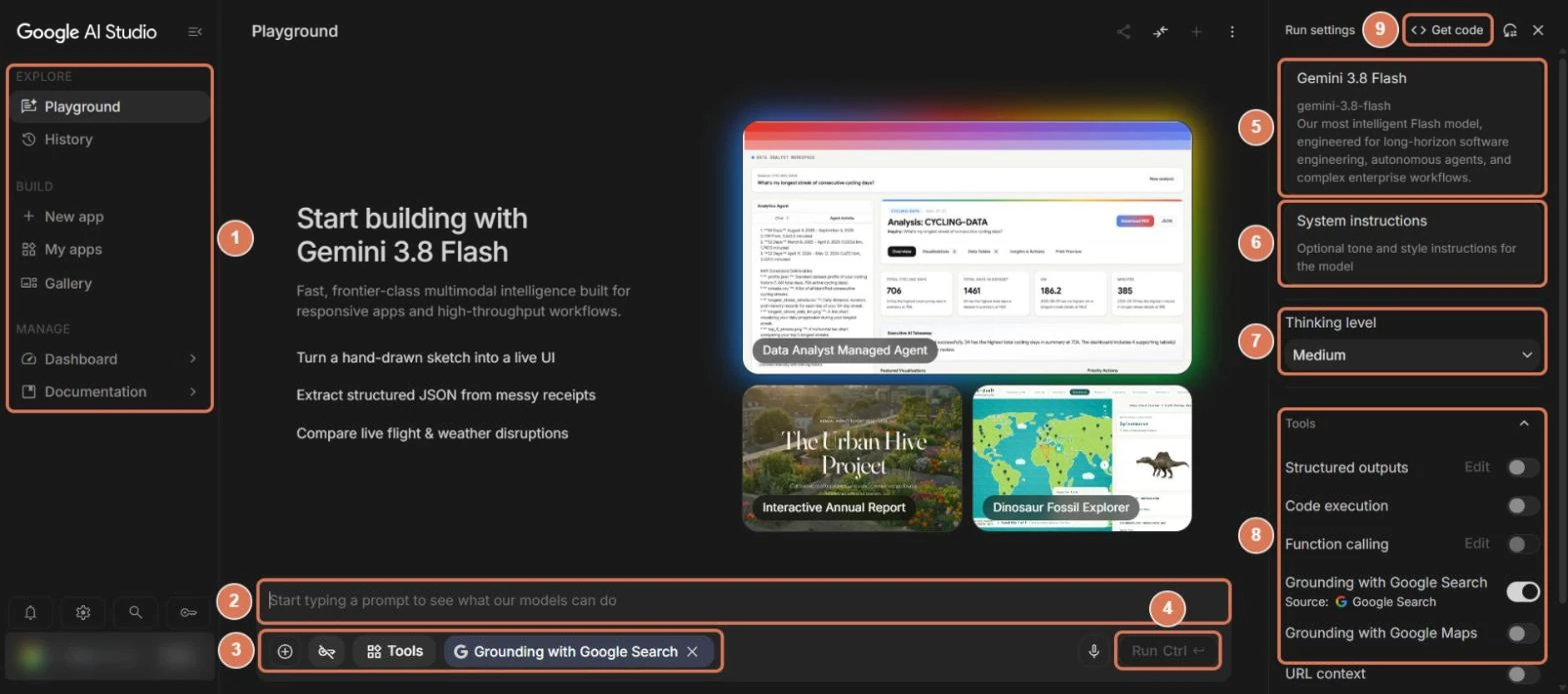 Google AI StudioのPlayground画面。左のメニュー、下の入力欄、Runボタン、右のRun settings(モデル、System instructions、Thinking level、Tools、Get code)に番号を付けた写真