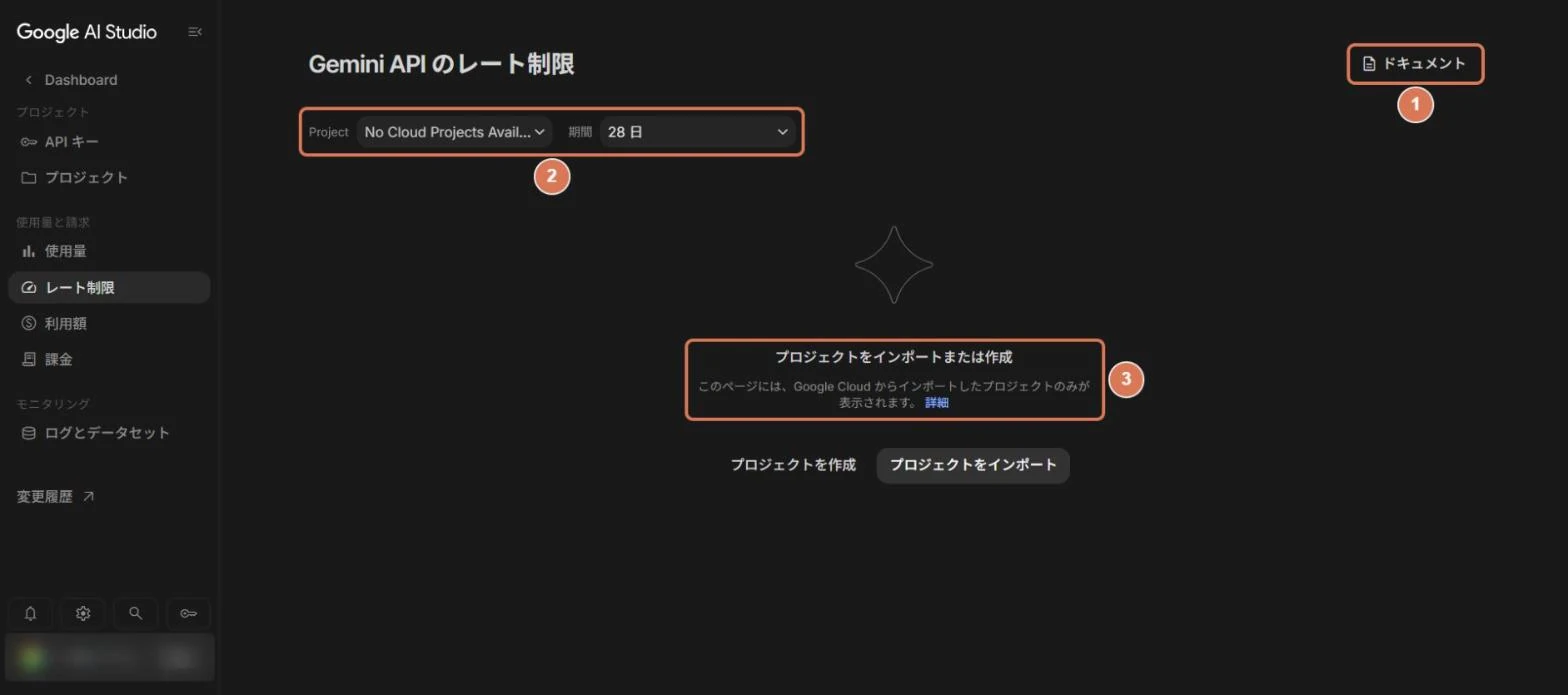 Google AI Studioのレート制限画面。ドキュメント、プロジェクトと期間の選択、案内に番号を付けた写真