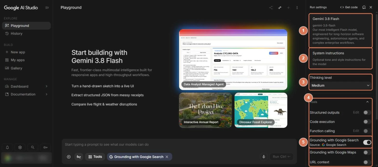 Google AI StudioのPlaygroundの右側のパネル Run settings。モデル、System instructions、Thinking level、Tools、Grounding with Google Searchに番号を付けた写真