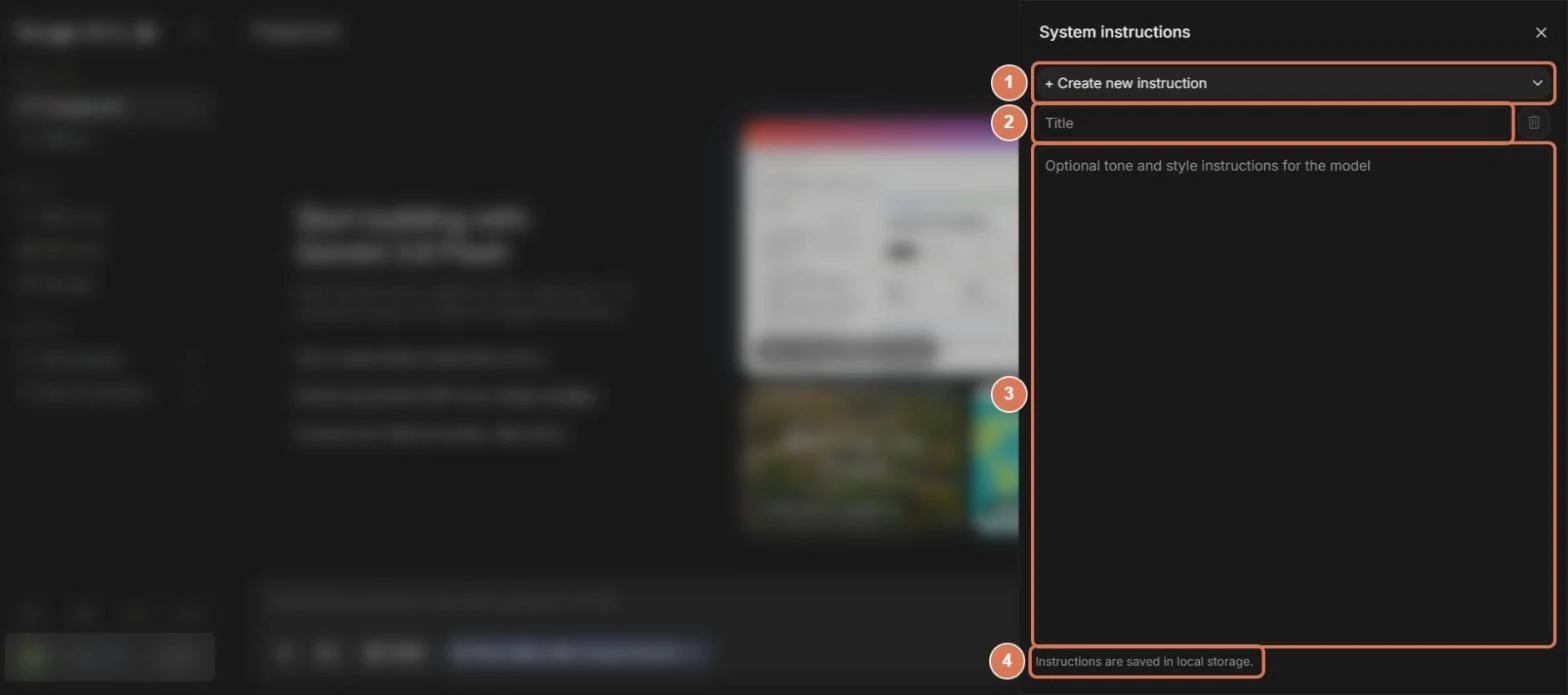 Google AI StudioのSystem instructionsの入力画面。新しい指示を作るメニュー、タイトル欄、本文の欄、保存先の表示に番号を付けた写真