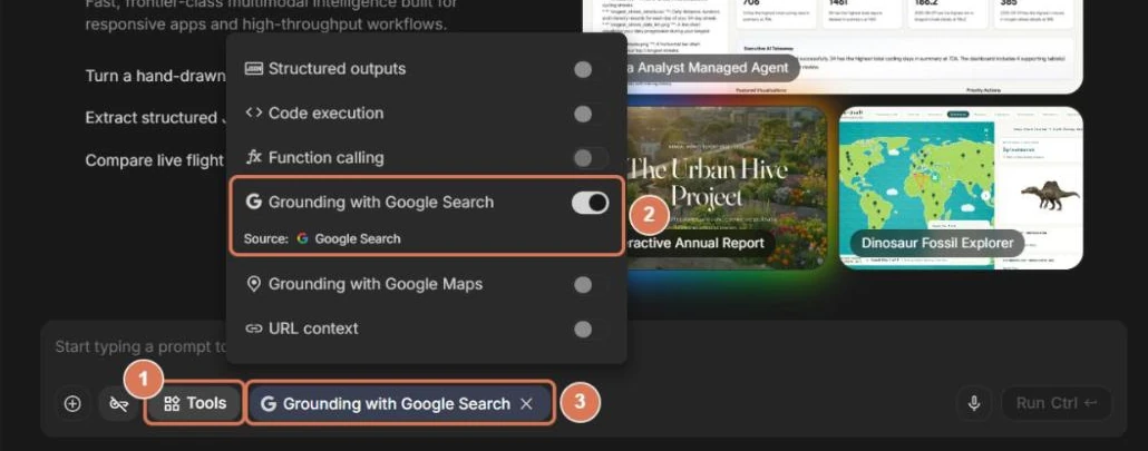 Google AI StudioのToolsメニュー。Structured outputs、Code execution、Function calling、Grounding with Google Search、Grounding with Google Maps、URL contextの一覧と、オンになっているGrounding with Google Searchに番号を付けた写真